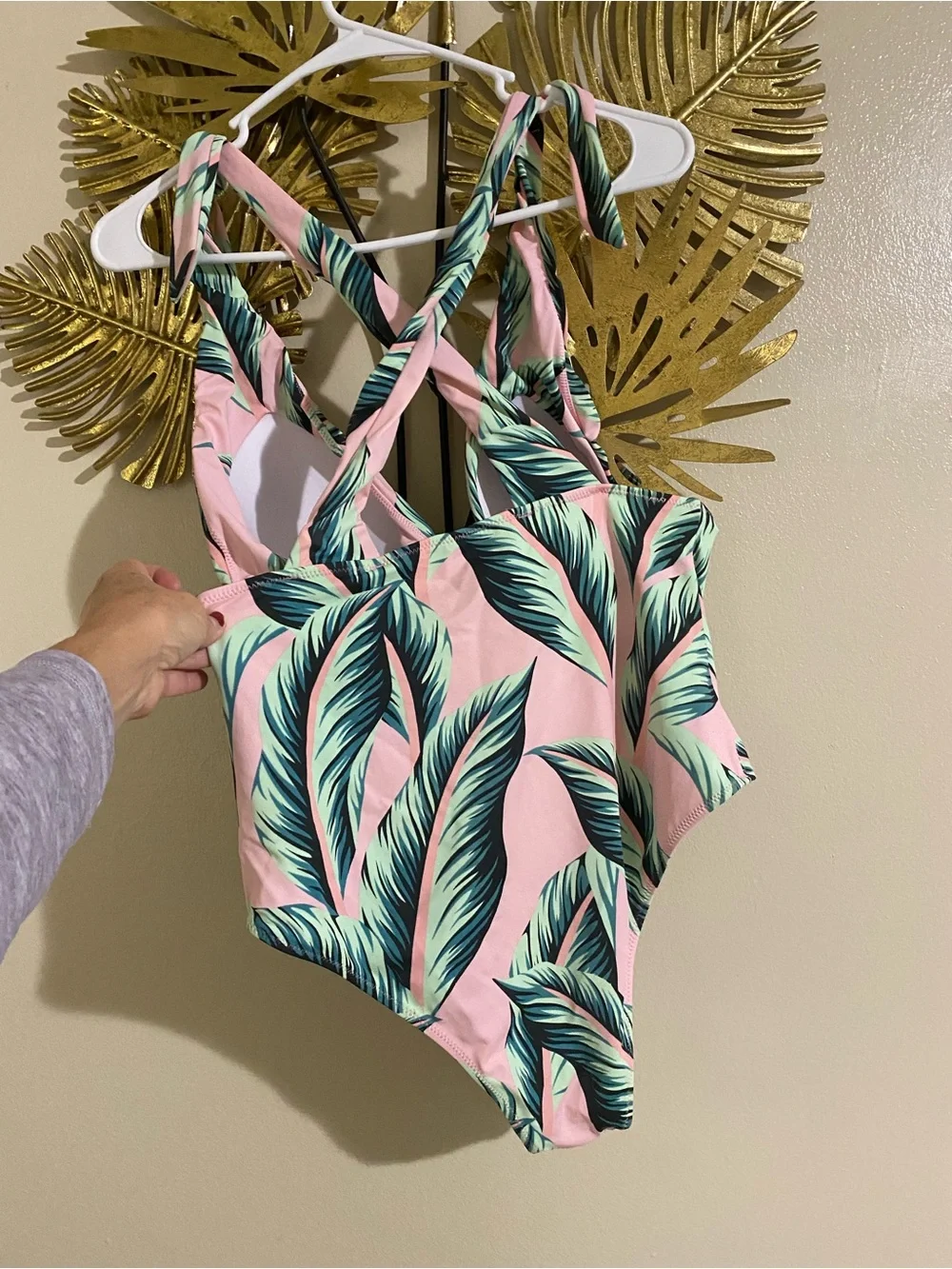 Pink Tropical Leaf One-Piece Swimsuit with Green Palm Print